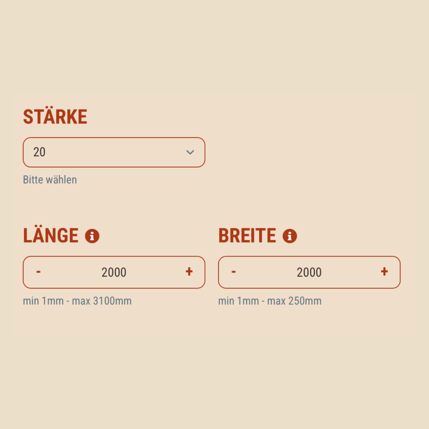 Erklärung zu Kofigurator, Masseingabe, länge, breit, stärke,
