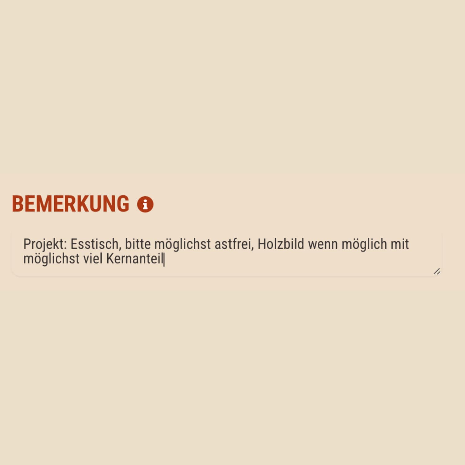 Erklärung zu Kofigurator, Bemerkungsfeld
